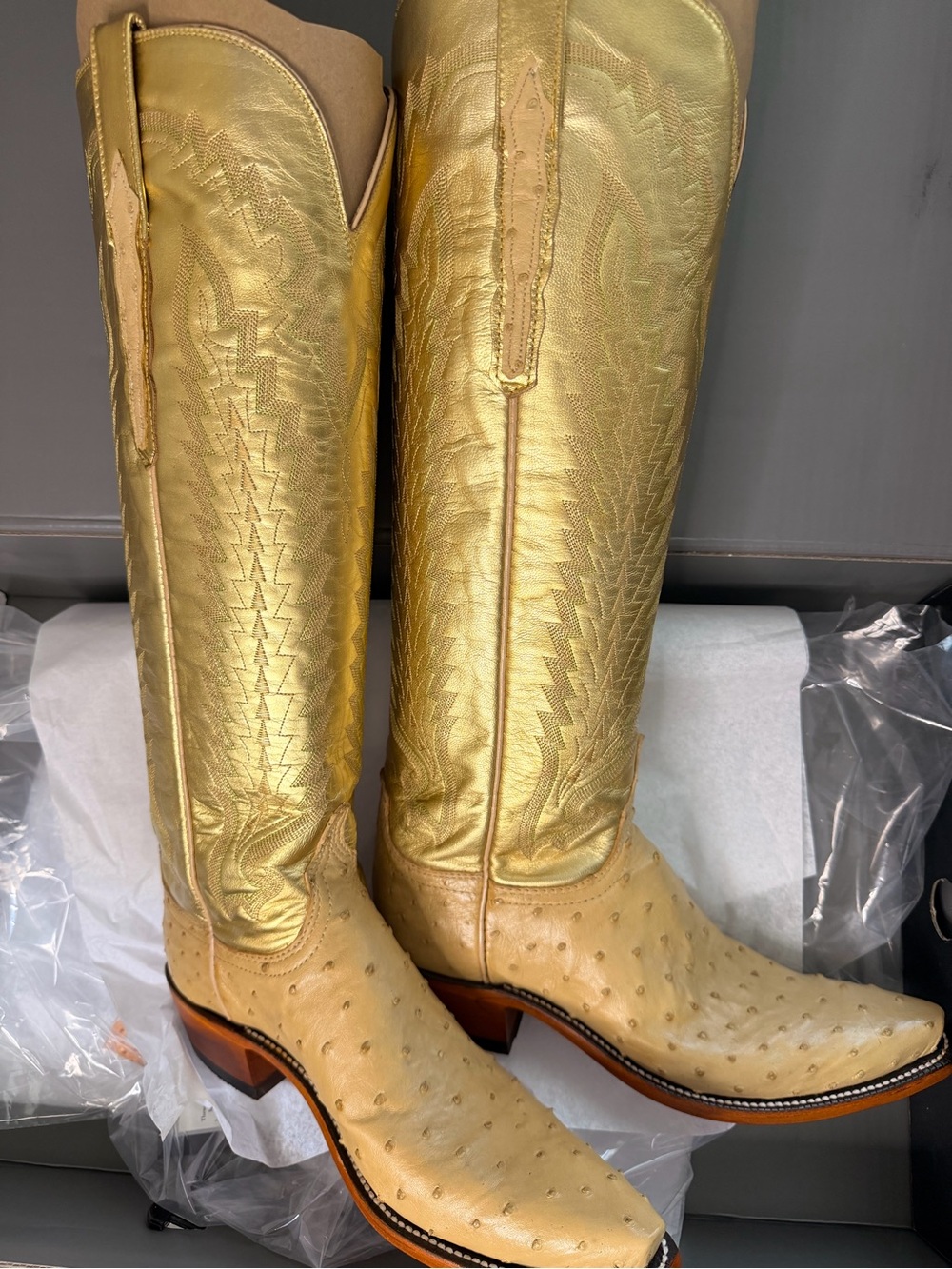 Exclusive Lucchese Priscilla Gold Ostrich Leather Cowboy Boots